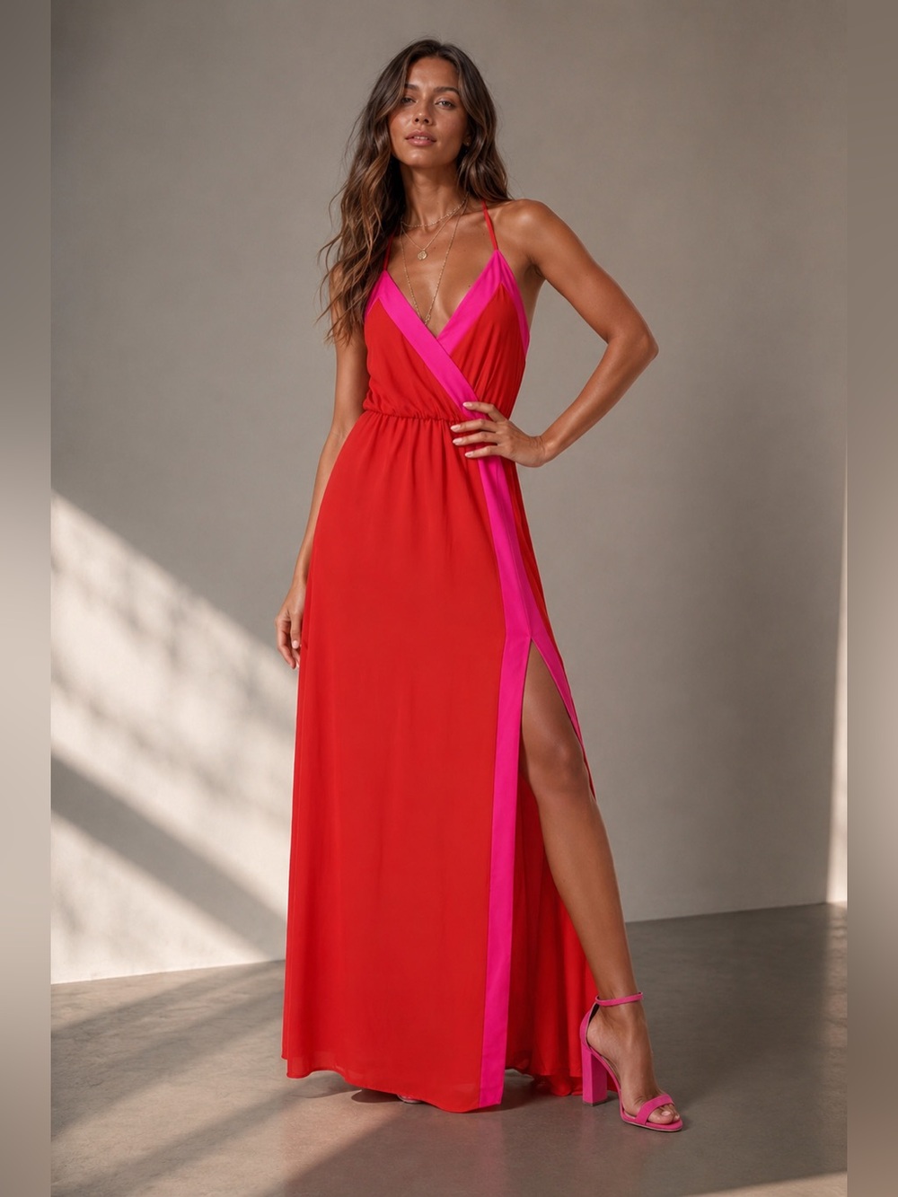 Lulus Colorblock Maxi Dress Coral Pink Fuchsia High Slit Formal Size Medium